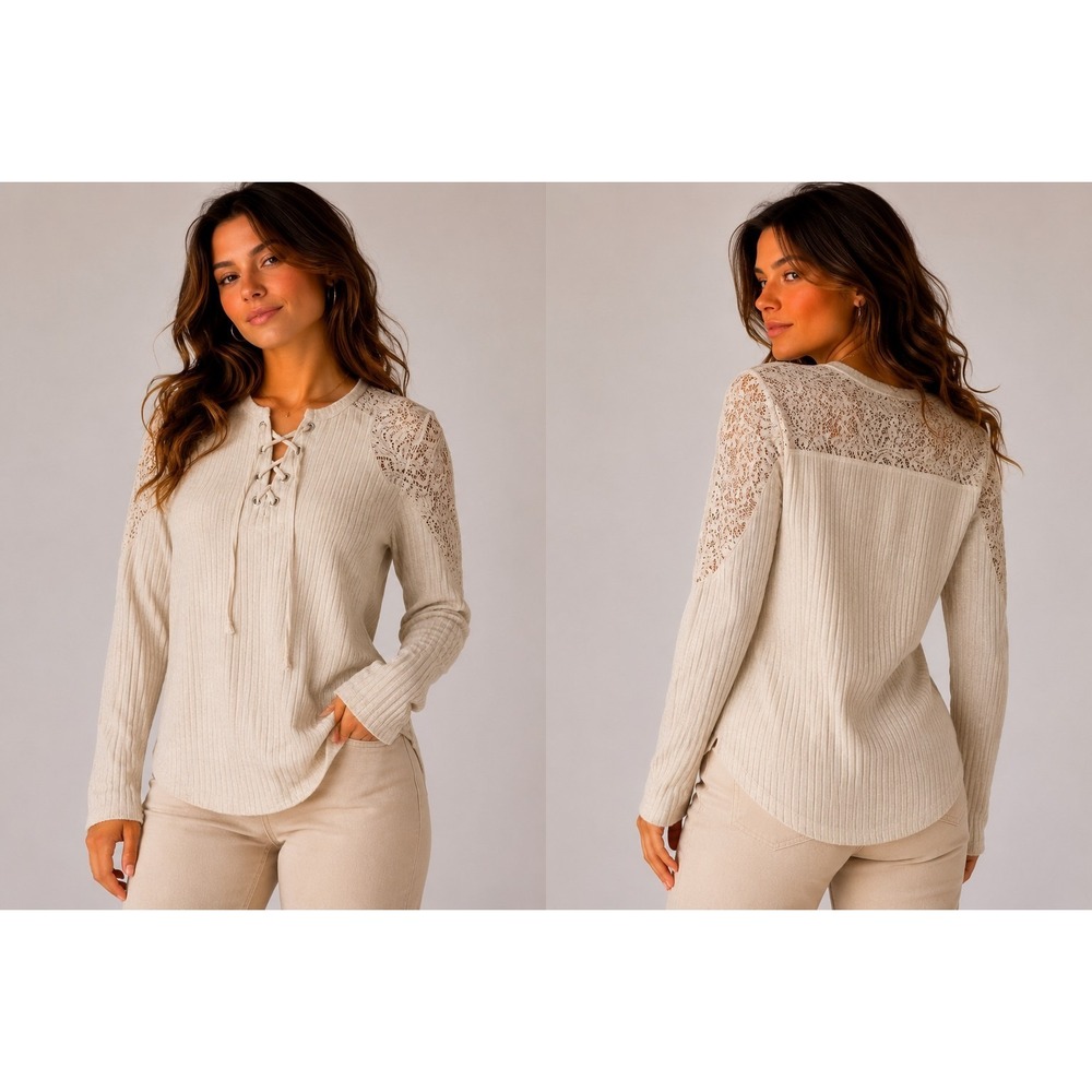 Womens Boho Lace Shoulder Rib‎ Knit Top Size 2 Beige Lace Up Long Sleeve